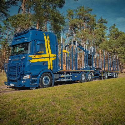 Blauer LKW mit DOLL Plattformanhänger auf einer sonnigen Landstraße beim Beladevorgang.