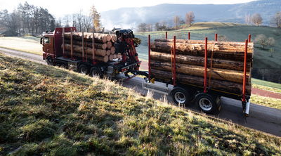 LKW mit Zentralachsanhänger von DOLL fährt im Morgengrauen über eine schmale Landstraße zwischen Wiesen und Feldern